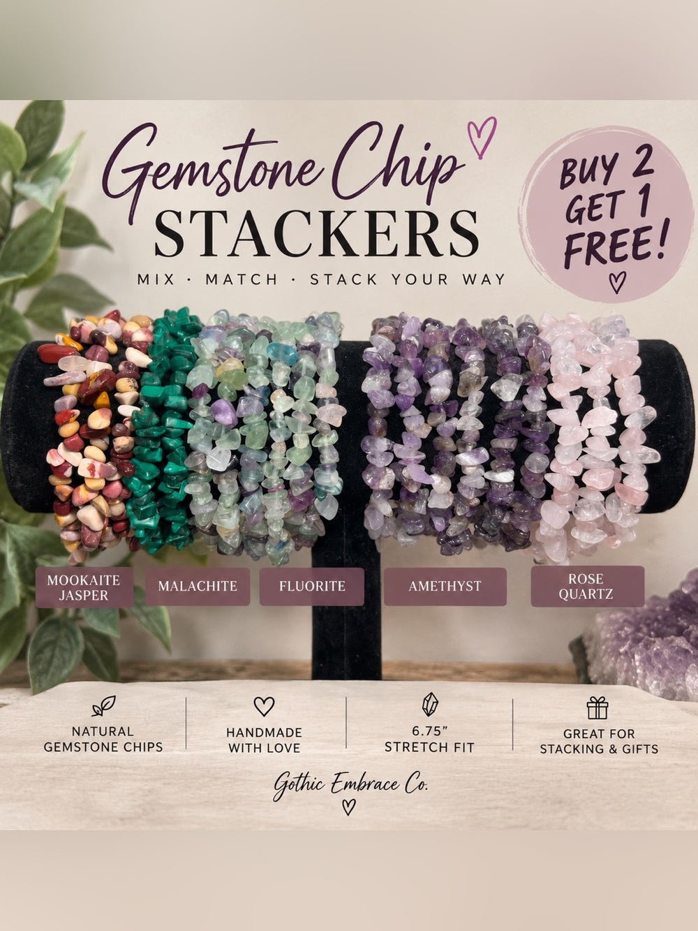 Handmade Natural Gemstone Chip Stacking Bracelets